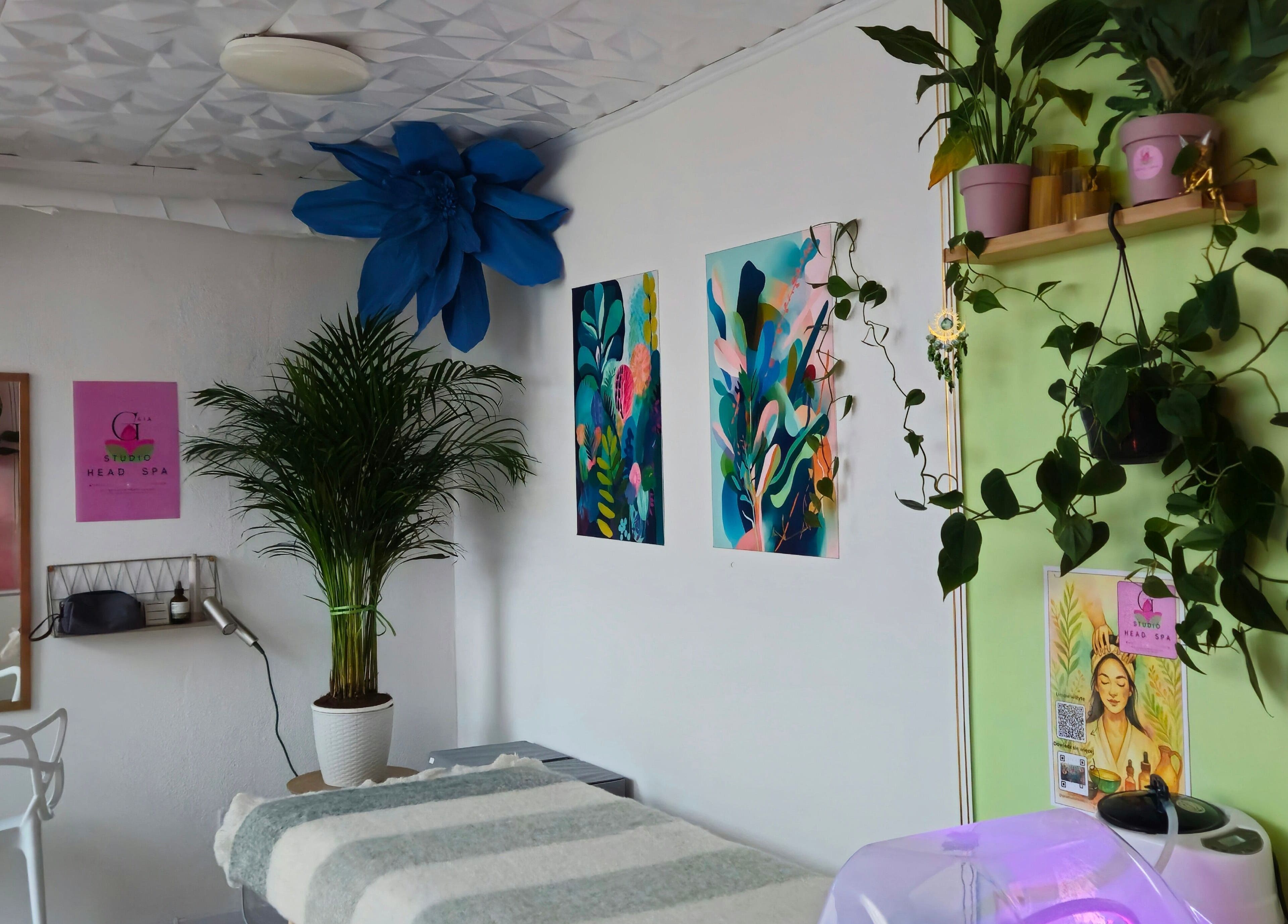 Przytulne wnętrze GAIA Studio Head Spa w Puławy, Województwo Lubelskie, PL z roślinnością i sztuką na ścianach.