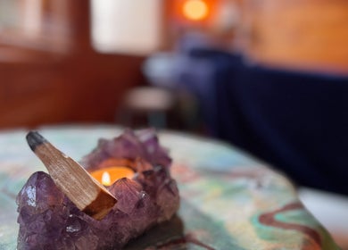 Amethyst candle holder at Listening Fields Holistic Massage, Dublin City Centre; Dublin, County Dublin, IE.