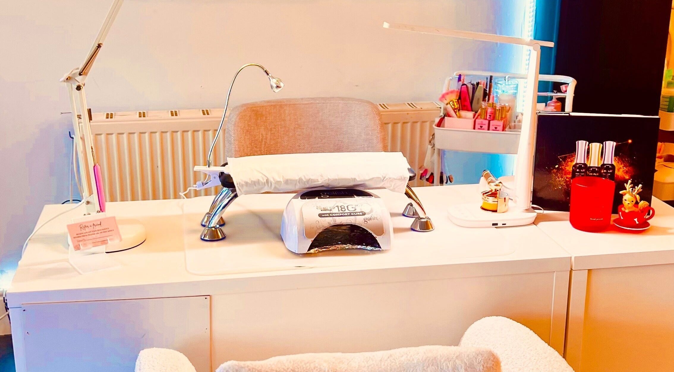 Chic nail station at Jiliya Nails, Newcastle upon Tyne, England, GB with modern equipment and stylish decor.