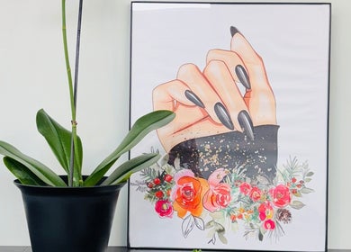 Framed nail art display with floral design at Nailstalgic✨, Lubbock, Texas, US.