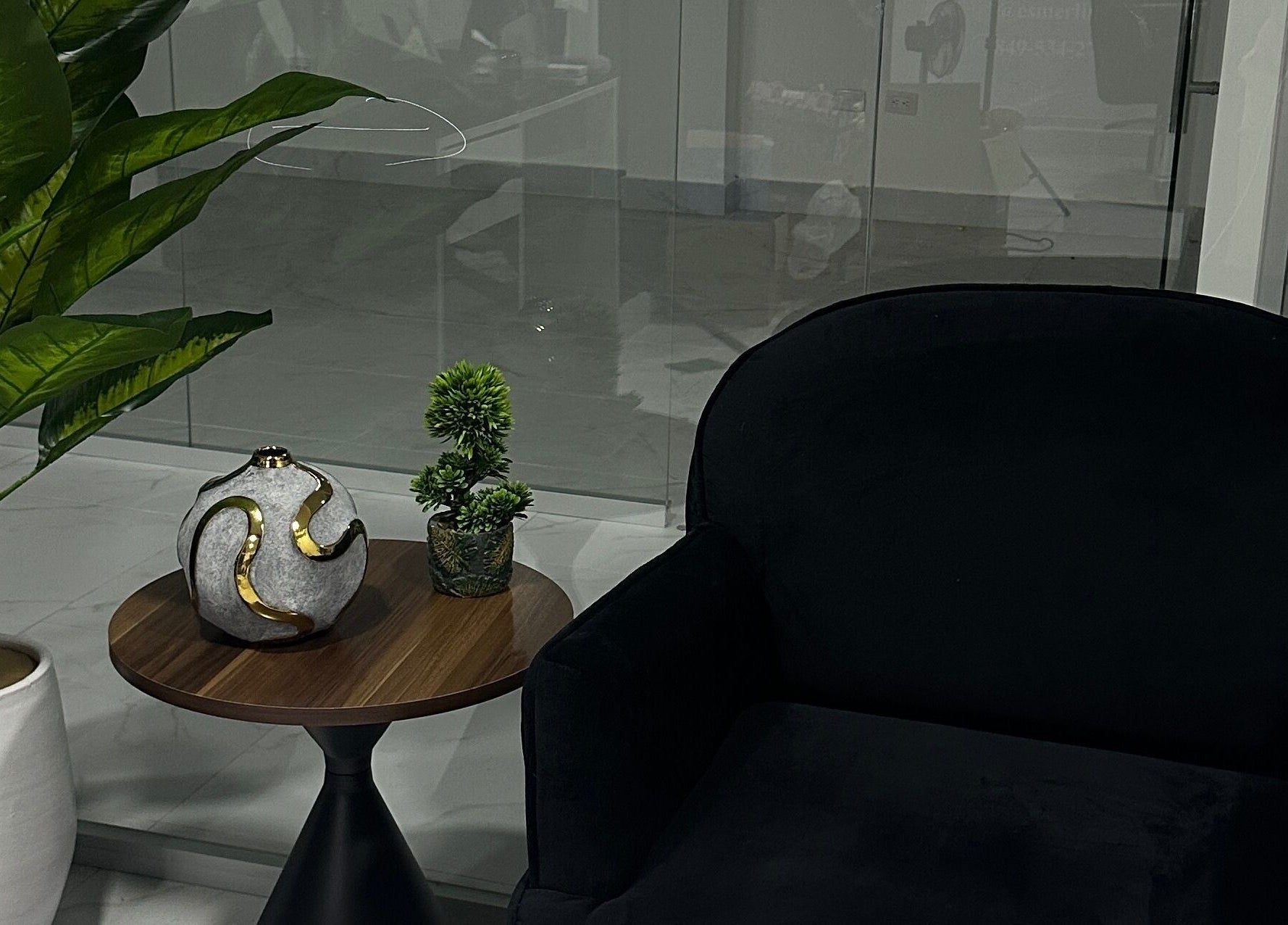Chic seating area at EP Beauty Studio, Bonao, Monseñor Nouel, DO with black chair and decorative plant table.