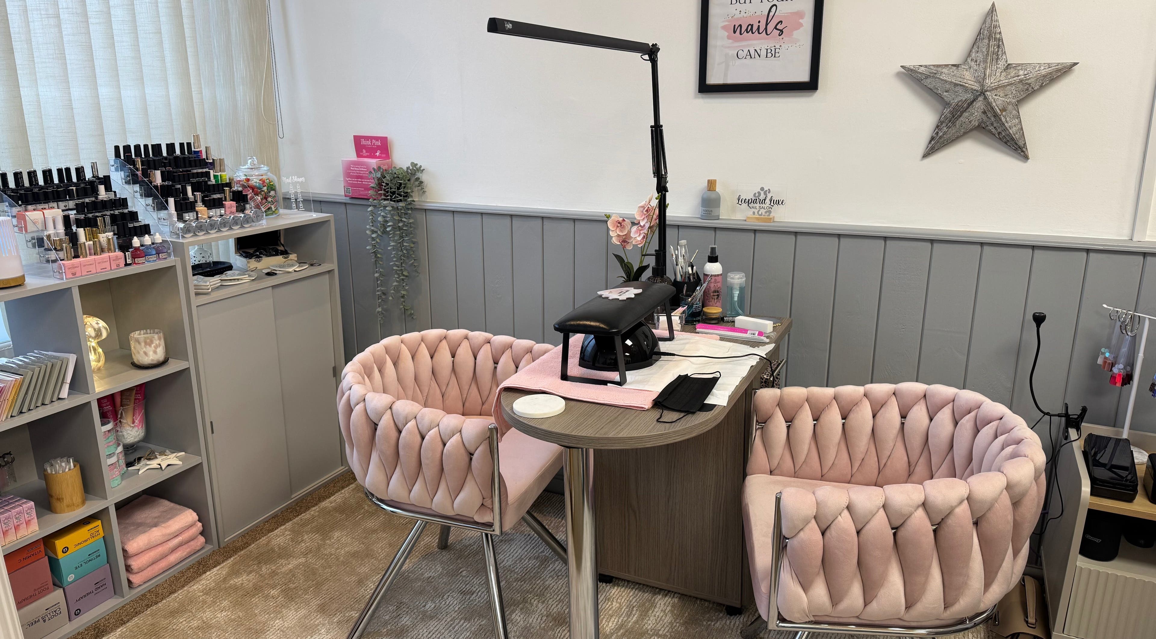 Inviting nail salon setting with chic decor at Leopard Luxe Nails in Barnsley, England, GB.