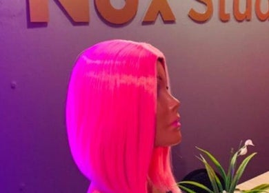 Vibrant mannequin with pink hair at Nox Beauty Studio, Kempton Park, Gauteng, ZA.