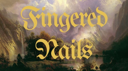 Fingered Nails logo over a serene mountain landscape in Brighton And Hove, England, GB.