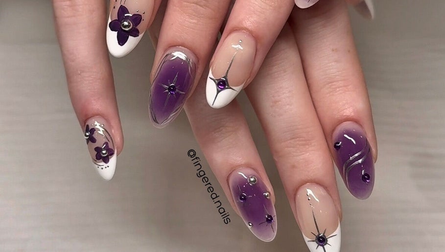 Purple and white floral nail art by Fingered Nails in Brighton And Hove, England, GB.