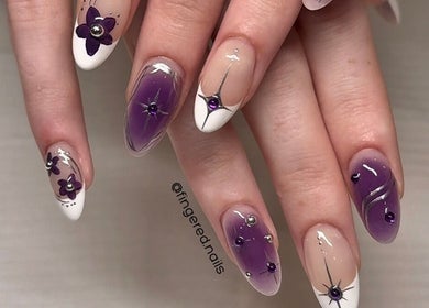 Purple and white floral nail art by Fingered Nails in Brighton And Hove, England, GB.