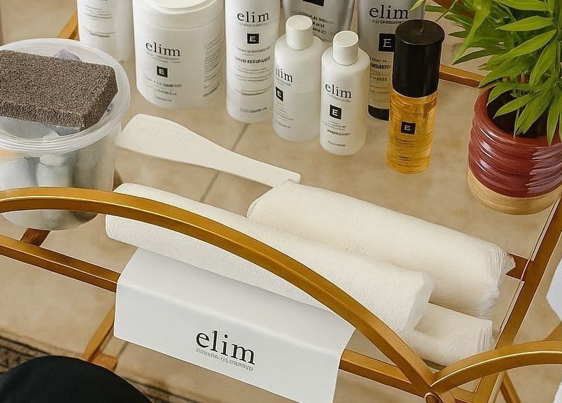 Spa products on a golden tray at Glow up in Cape Town, Western Cape, ZA.