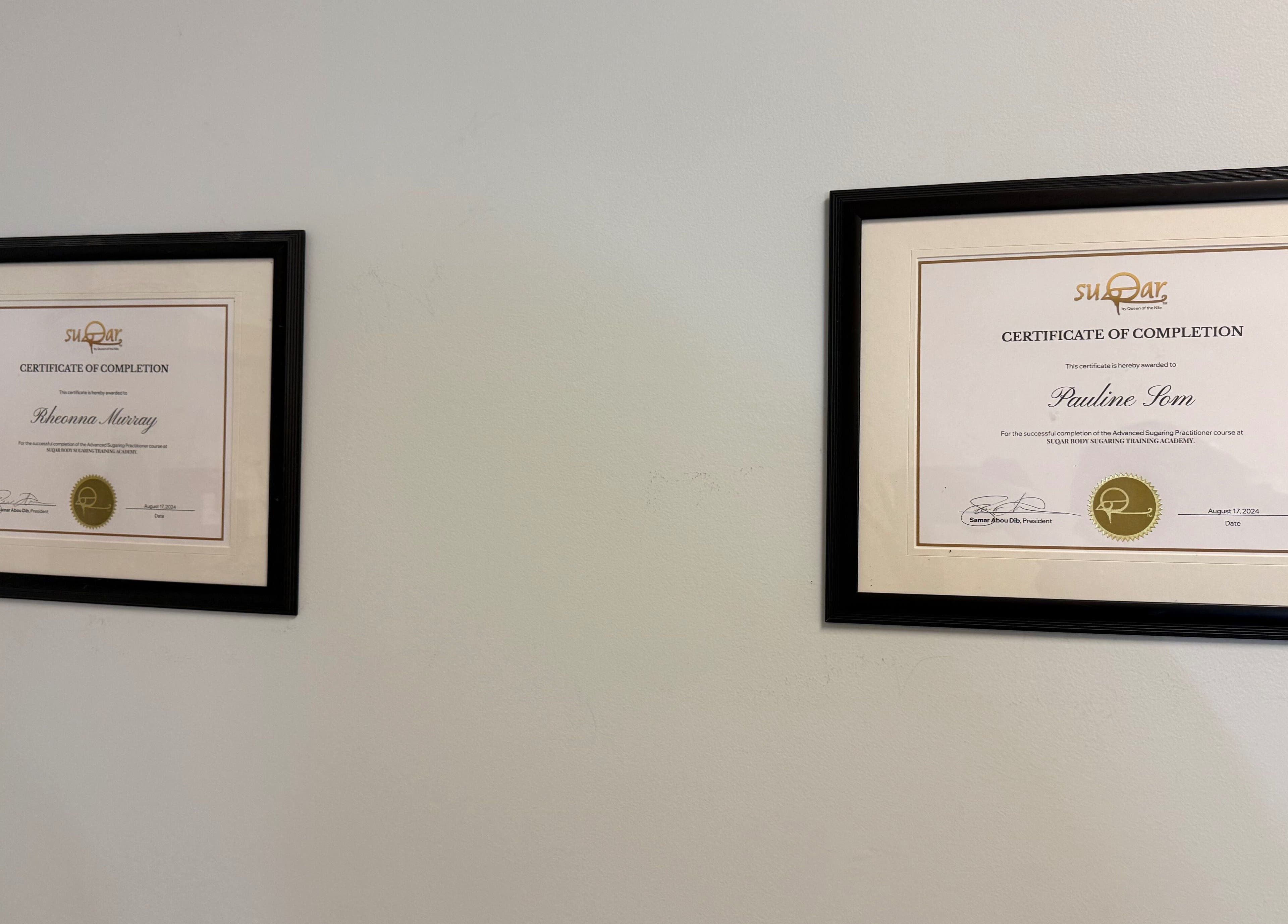 Certificates of completion displayed at Skin Glow Studio x Sugar & Skin, London, Ontario, CA.