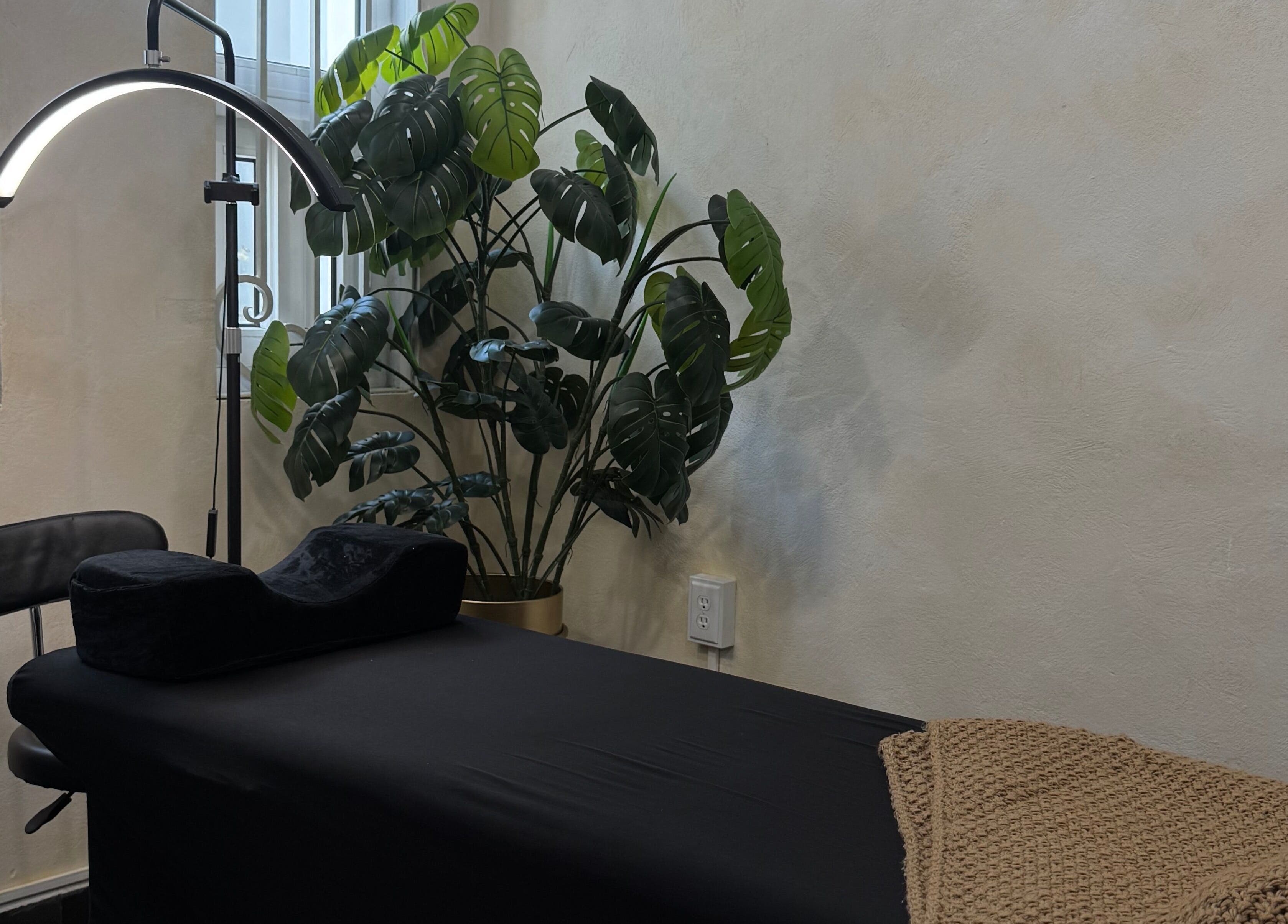 Relaxing massage room at GLOSSBEAUTY SALÓN, Tampico, Tamaulipas, MX with black bed and green plant decor.