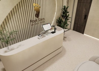 Reception area of FOOT STEP in Sharjah, Sharjah, AE showcasing minimalist design and modern aesthetics.