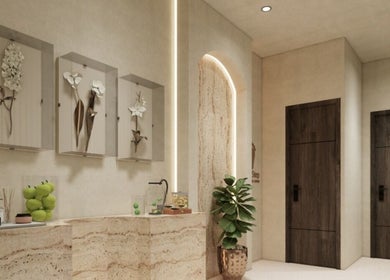 Elegant interior of FOOT STEP in Sharjah, AE, showcasing modern aesthetics with soothing decor and earthy tones.