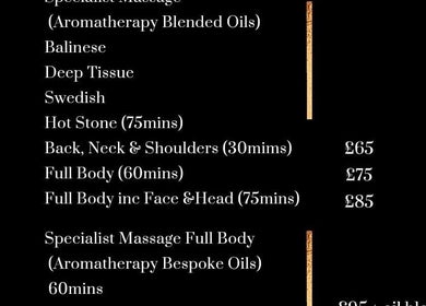 Massage prices at Tranquil Success Academy, Stoke-on-Trent, England, GB, showcasing various therapeutic options.