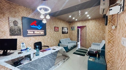 Reception area of Free Mind Spa in Jp Nagar, Karnataka, IN featuring modern décor and a serene ambiance.