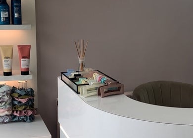 Reception at Sophia The Hairstylist, Ipswich, England with hair products and decor.