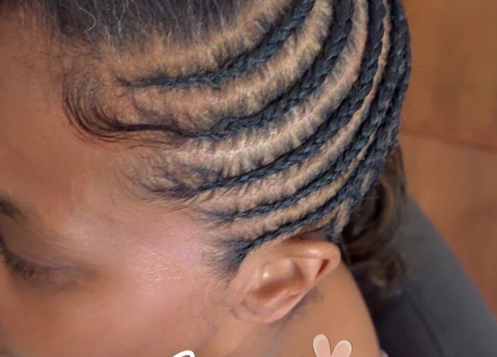 Detailed cornrow hairstyle at Aka’s Anointed Hands in Columbia, South Carolina, US.