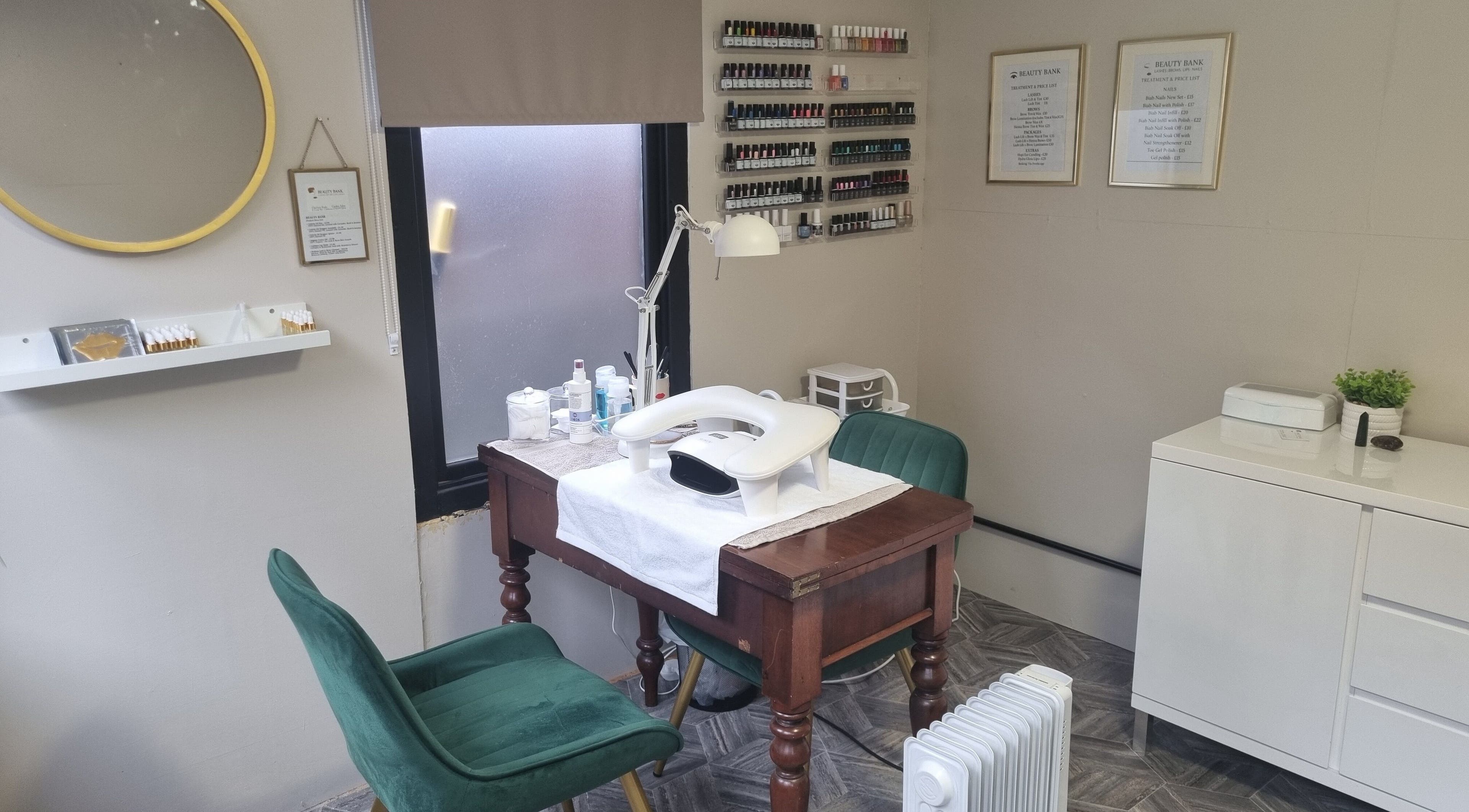 Cozy nail salon at Beauty Bank, Clitheroe, England, featuring elegant decor and manicure setup.