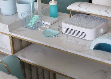 Elegant nail station setup at Shadi Nails, Conoga Park, California, US with modern tools and decor.