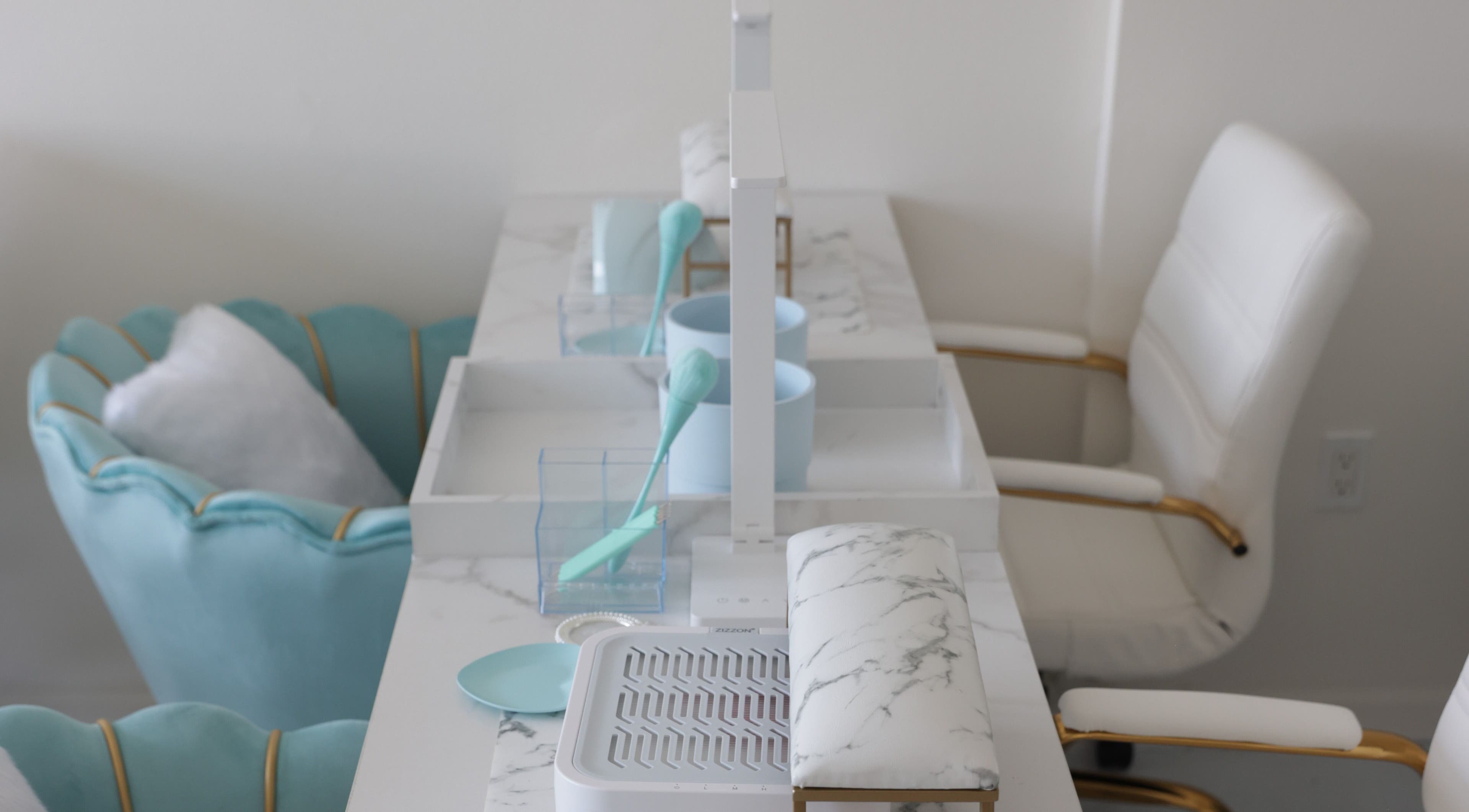 Elegant nail station at Shadi Nails, Conoga Park, California, US showcasing modern beauty and wellness environment.