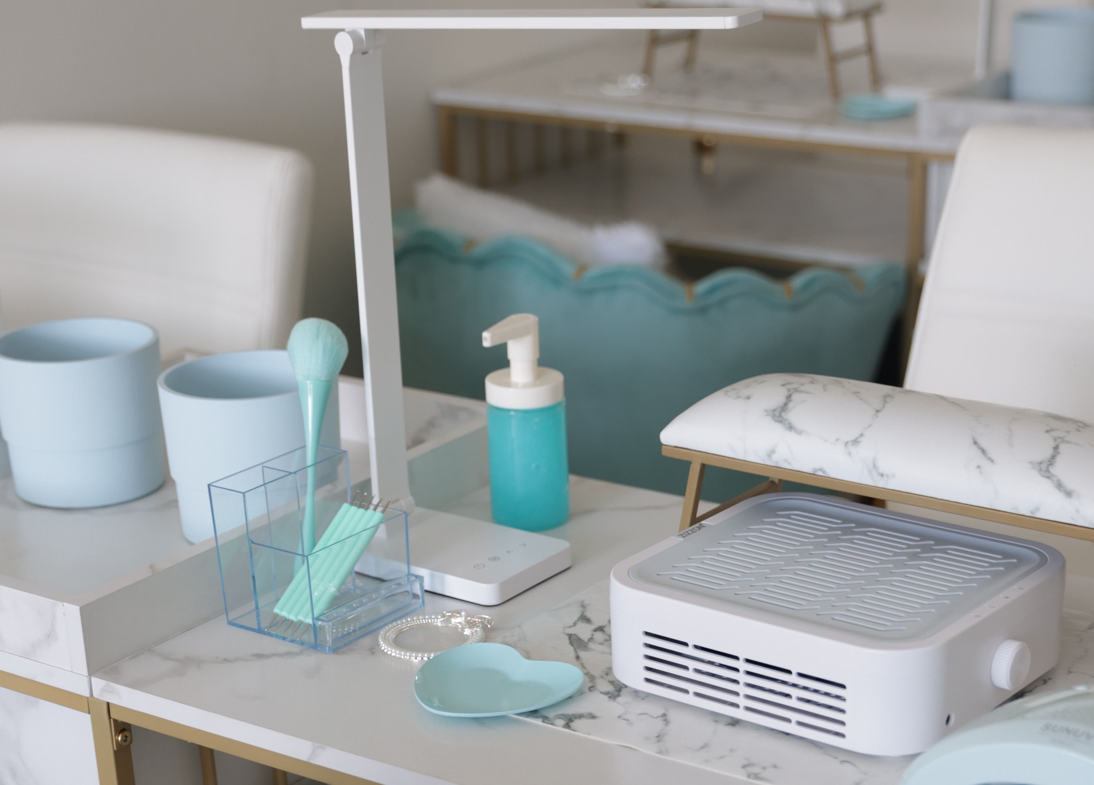 Elegant nail station setup at Shadi Nails, Conoga Park, California, US, featuring modern tools and decor.