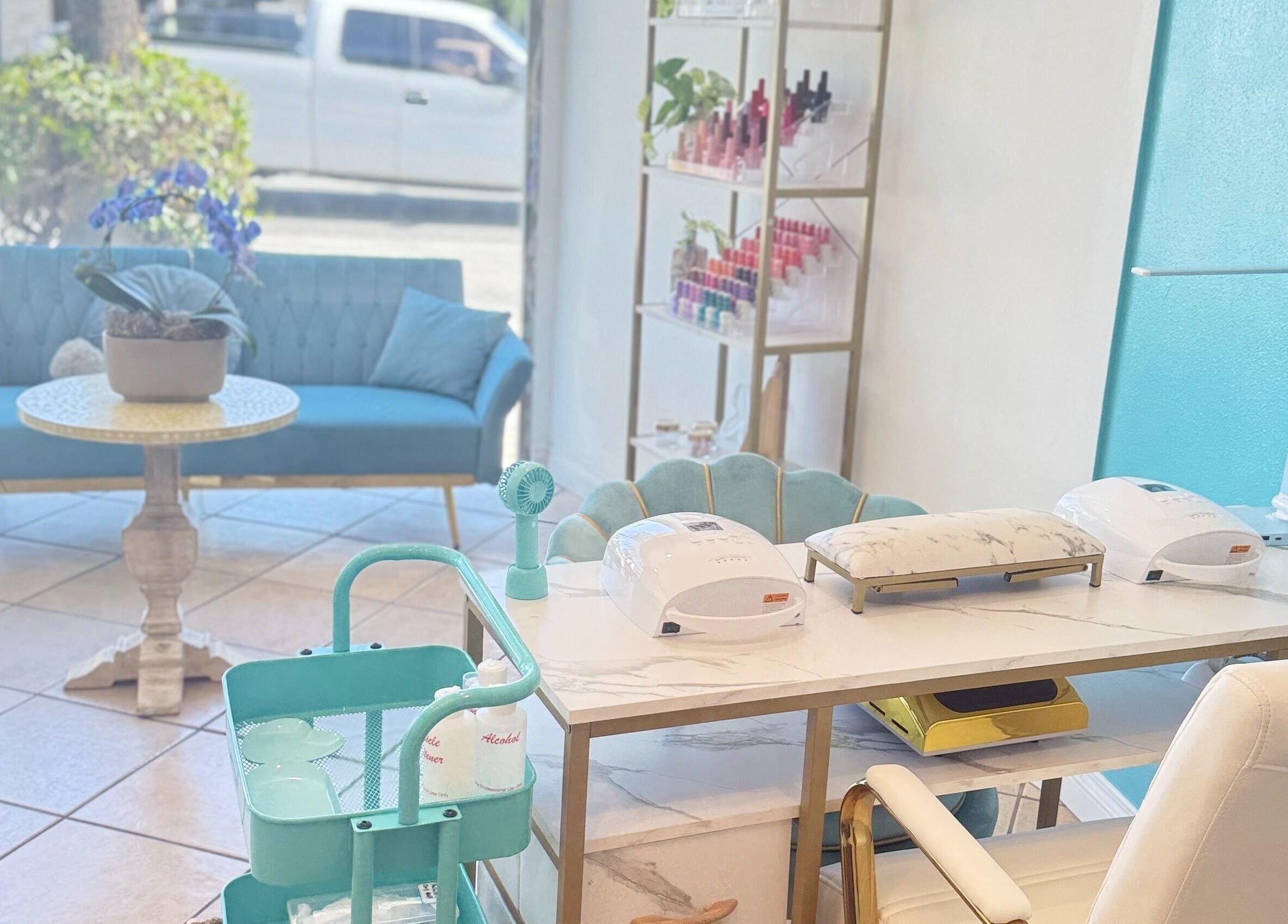 Stylish interior of Shadi Nails in Encino, California, US featuring a modern manicure station.