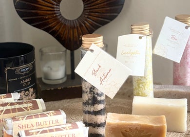 Luxurious bath products displayed at Noire Naturels Aesthetics in Dallas, Texas, US.