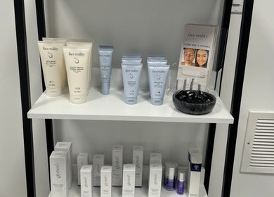 Face Reality skincare products on display at Revive Skin Studio, San Jose, California, US.