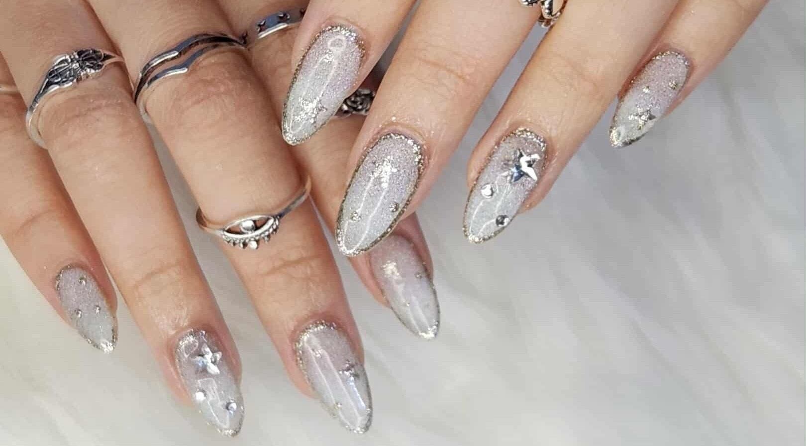 Elegant glittery nail art design at Velvet Beauty Salon, Wellington, Wellington Region, NZ.