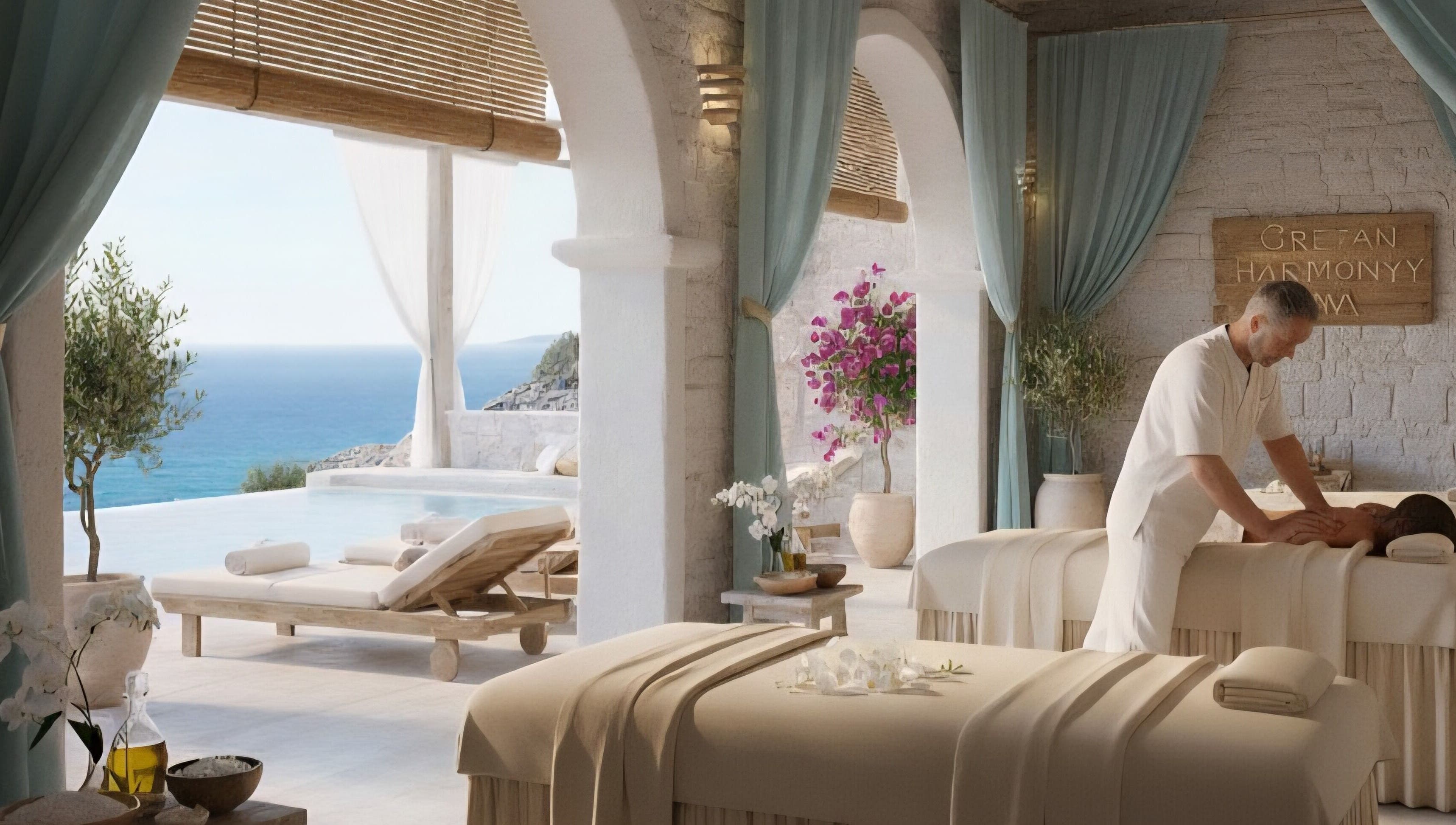 Luxurious spa room with ocean view at Crete Secret Touch, Heraklion, GR. Perfect setting for relaxation.