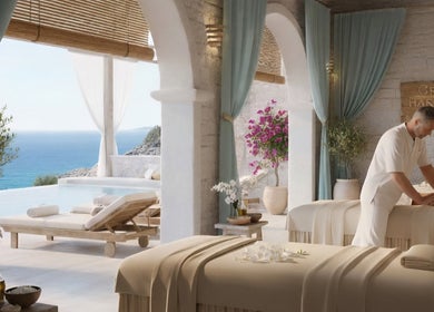 Luxurious spa room with ocean view at Crete Secret Touch, Heraklion, GR. Perfect setting for relaxation.