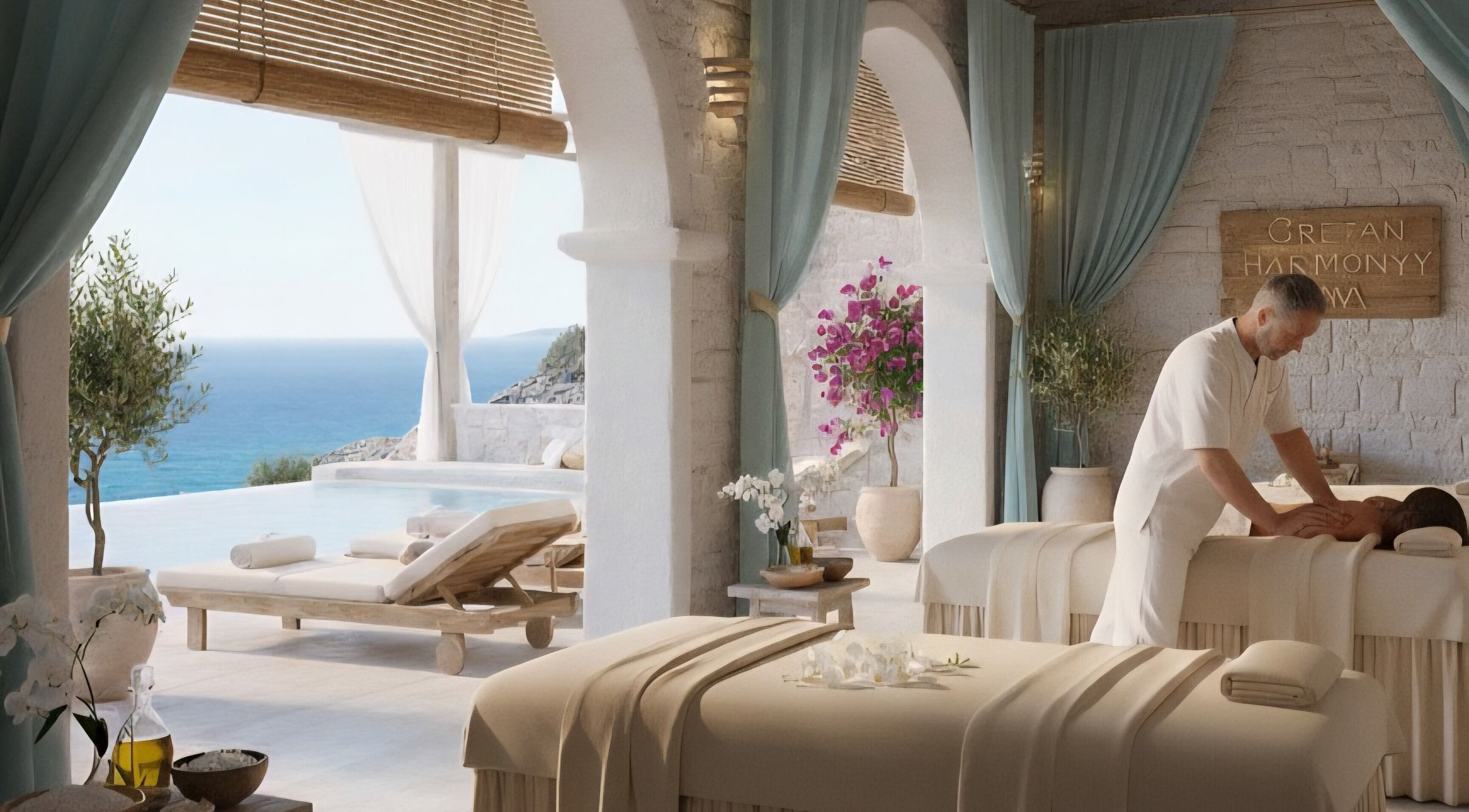 Luxurious spa room with ocean view at Crete Secret Touch, Heraklion, GR. Perfect setting for relaxation.