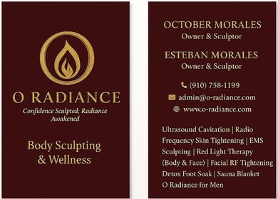 Business card for O Radiance Body Sculpting & Wellness in Fayetteville, North Carolina, US.