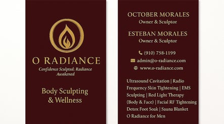 Business card for O Radiance Body Sculpting & Wellness in Fayetteville, North Carolina, US.