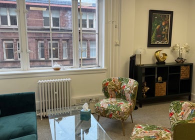 Inviting therapy room at The Feel Better Psychological Services in Glasgow, Scotland, GB with vibrant seating.