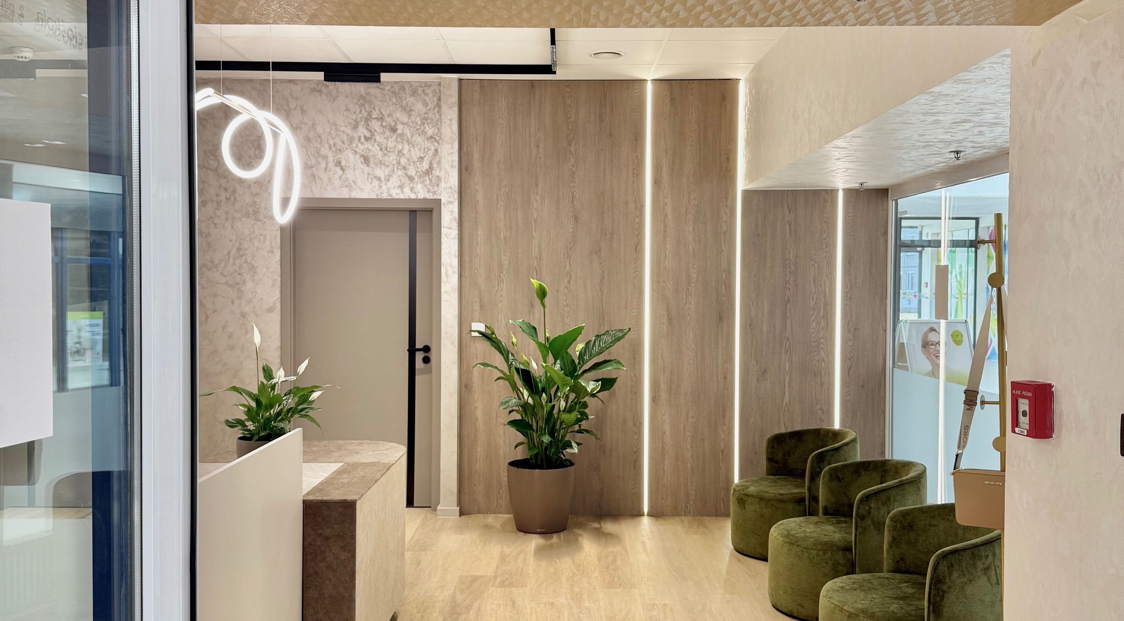 Modern vstupní prostor Sky Visage Beauty Studio, Hlavní Město Praha, s rostlinami a elegantním interiérem.