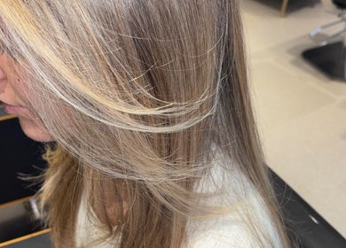 Close-up of stylish hair highlights at The Hairdeck, Pudsey, England, GB.
