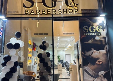 SGC Barbershop entrance with balloons in Dubai, Dubai, AE, showcasing a stylish and inviting atmosphere.