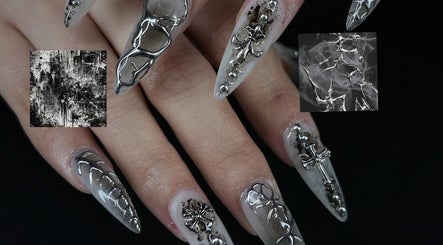 Close-up of intricate gothic nail art at Kimmy Nails Studio, Melbourne, Victoria, AU.