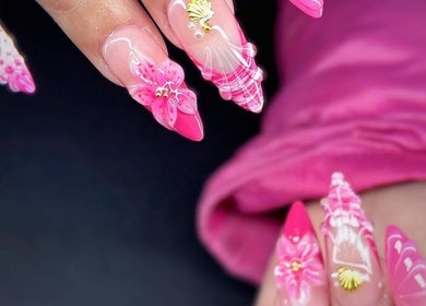 Intricate pink floral nail art at Kimmy Nails Studio in Melbourne, Victoria, AU showcasing elegance and style.