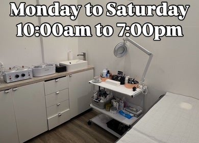 Vani Beauty offers a serene treatment room in London, England, GB, showcasing waxing equipment and skincare products.