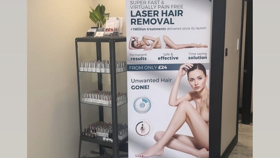 Promotional display for laser hair removal at My Skin Sanctuary in Eastbourne, England, GB. Shelf with beauty products.