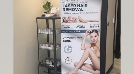 Promotional display for laser hair removal at My Skin Sanctuary in Eastbourne, England, GB. Shelf with beauty products.