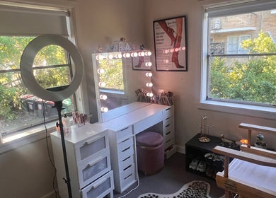 Chic makeup station with ring light at BELLAFY BEAUTY, Lindfield, New South Wales, AU surrounded by natural light.