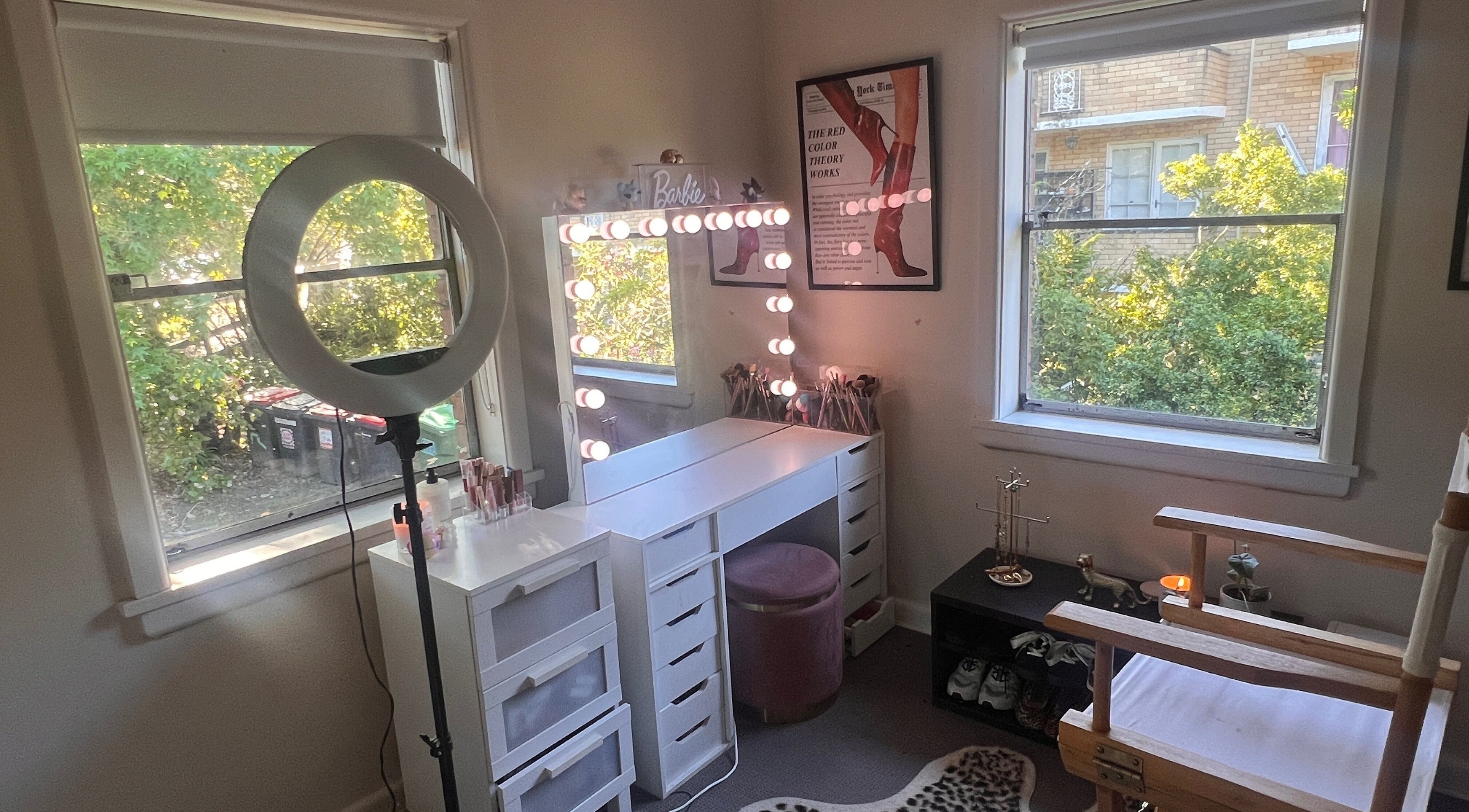 Chic makeup station with ring light at BELLAFY BEAUTY, Lindfield, New South Wales, AU surrounded by natural light.