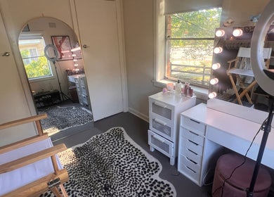 Makeup and styling room at BELLAFY BEAUTY, Lindfield, New South Wales, AU, featuring a chic vanity and plush decor.