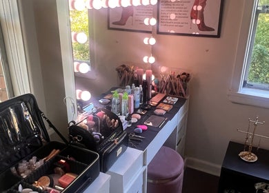 Makeup setup at BELLAFY BEAUTY, Lindfield, New South Wales, AU with brushes and cosmetics on a vanity.