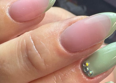 Green and pink nail art with gems at Alsnailsxx, County Longford, County Longford, IE.