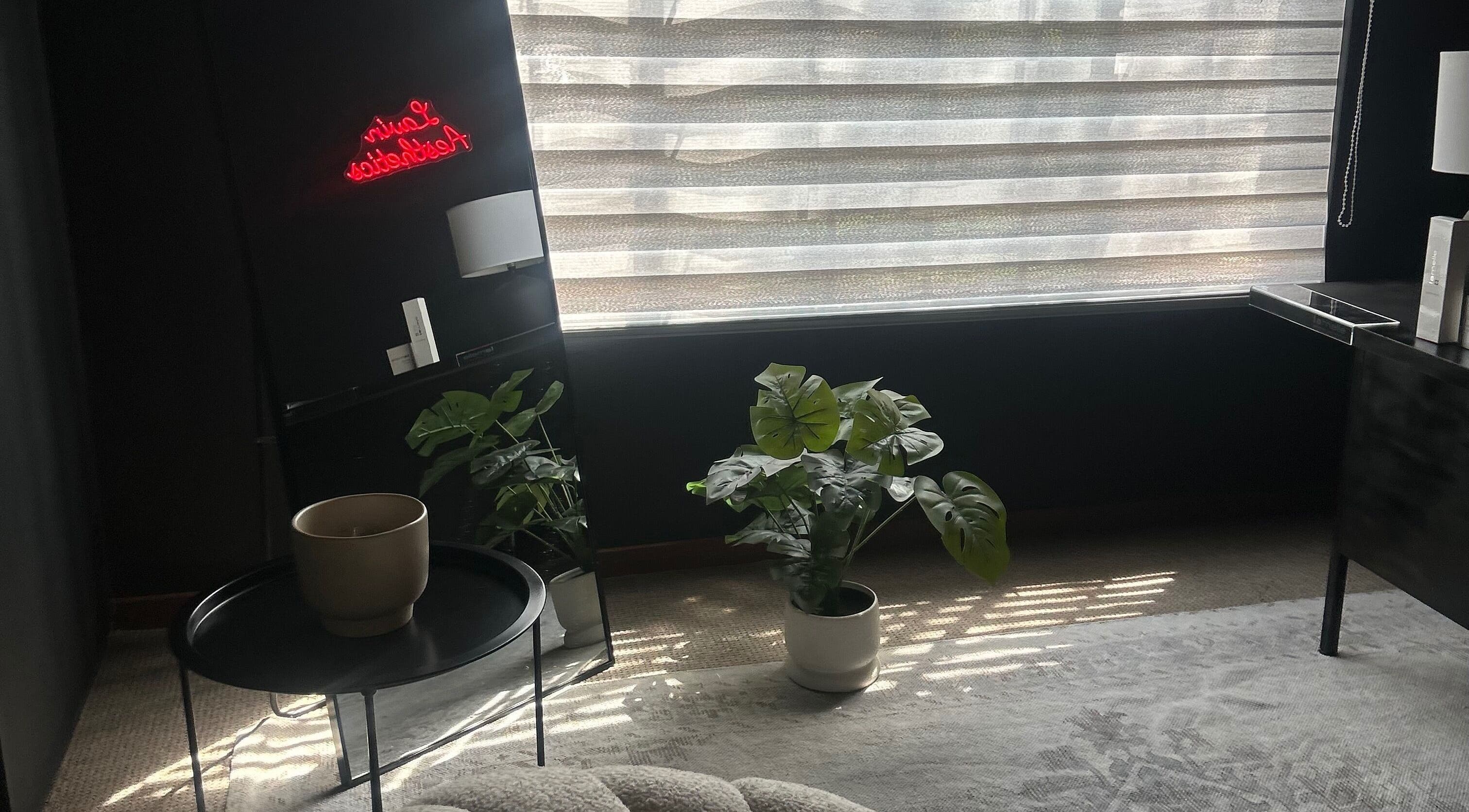 Relaxation area at Lavin Laser and Aesthetics in Centurion, Gauteng, ZA with plants and modern decor.