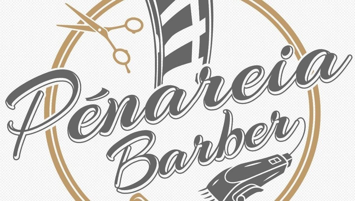Logotipo elegante da Penareiabarber em Peniche, Leiria, PT com ícones de tesoura e máquina de cortar cabelo.