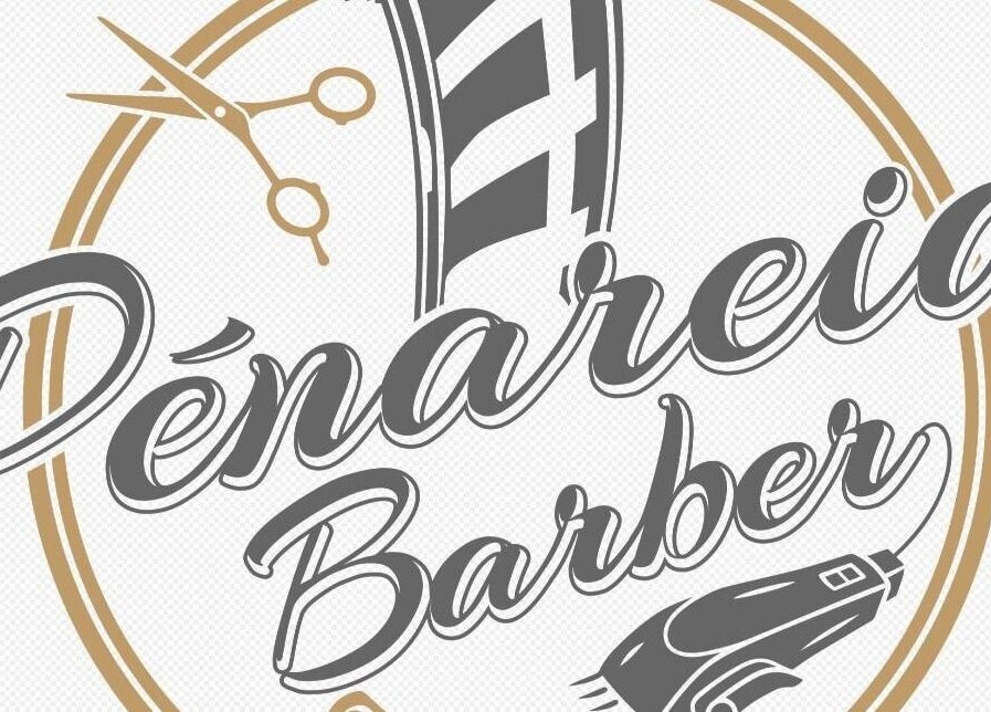 Logotipo sofisticado da Penareiabarber em Peniche, Leiria, PT, destacando tesoura e navalha estilizados.