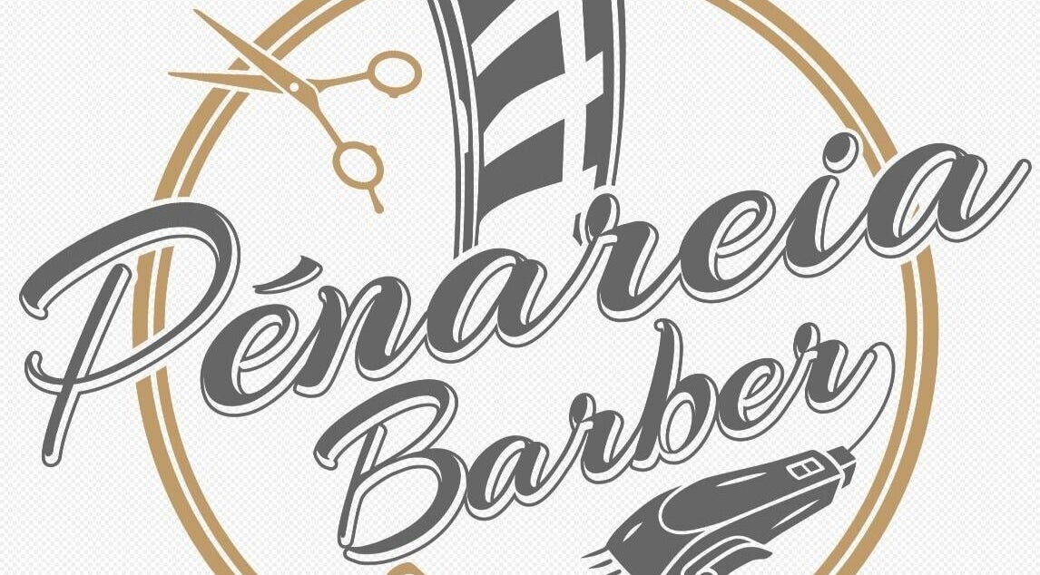 Logotipo sofisticado da Penareiabarber em Peniche, Leiria, PT, destacando tesoura e navalha estilizados.